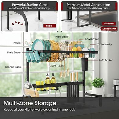 Over the Sink Dish Drying Rack, 2-Tier Adjustable Stainless Steel Drainer with Cutlery Holder, Black