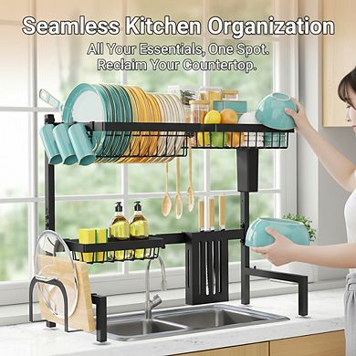 Over the Sink Dish Drying Rack, 2-Tier Adjustable Stainless Steel Drainer with Cutlery Holder, Black