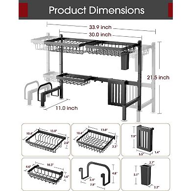 Over the Sink Dish Drying Rack, 2-Tier Adjustable Stainless Steel Drainer with Cutlery Holder, Black