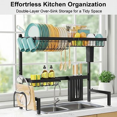Over the Sink Dish Drying Rack, 2-Tier Adjustable Stainless Steel Drainer with Cutlery Holder, Black