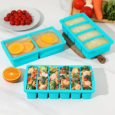 3 Pack Silicone Freezer Trays with Lids Multi Size Set for Soup Sauce and Meal Prep
