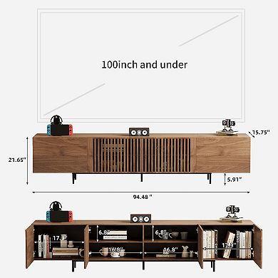 94.48″ Mid Century Modern Walnut TV Stand with Grille Doors