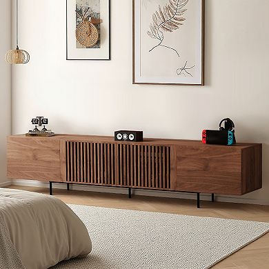 94.48″ Mid Century Modern Walnut TV Stand with Grille Doors