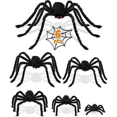 6 Pack Halloween Plush Spiders, Scary Indoor Outdoor Decor, 6 Sizes