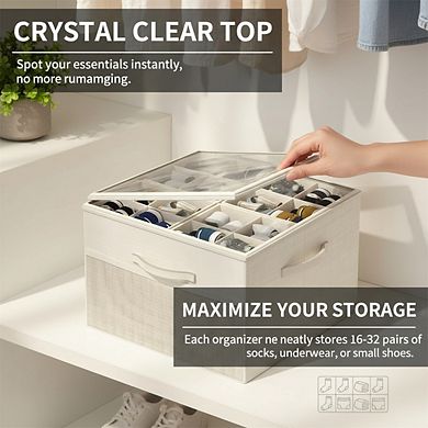 Foldable Shoe Storage Box 2 Pack with Clear Cover and Adjustable Dividers