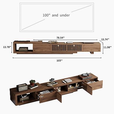 78"-103" Walnut Media Console with Drawers & Open Storage for 75+ Inch TVs