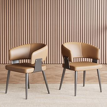 Set of 2 Tan Brown Leather Accent Chairs Modern Upholstered Chairs