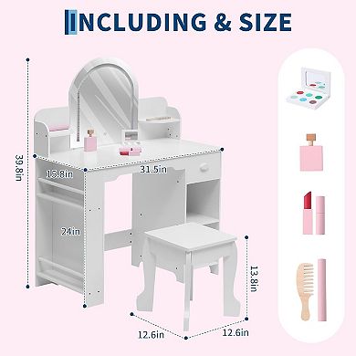 Girls Wooden Vanity Set with Light & Mirror, Storage, Stool & Accessories for Kids Ages 3-9