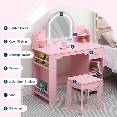 Girls Wooden Vanity Set with Light & Mirror, Storage, Stool & Accessories for Kids Ages 3-9