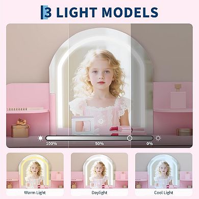 Girls Wooden Vanity Set with Light & Mirror, Storage, Stool & Accessories for Kids Ages 3-9