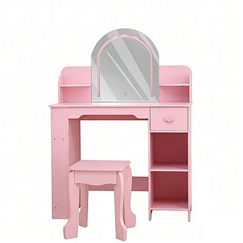 Girls Wooden Vanity Set with Light & Mirror, Storage, Stool & Accessories for Kids Ages 3-9