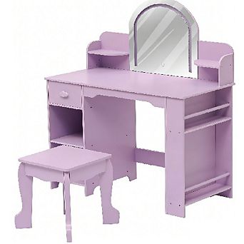 Girls Wooden Vanity Set with Light & Mirror, Storage, Stool & Accessories for Kids Ages 3-9