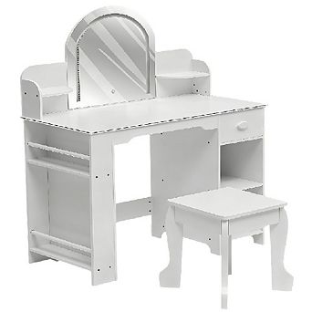 Girls Wooden Vanity Set with Light & Mirror, Storage, Stool & Accessories for Kids Ages 3-9