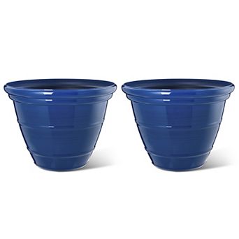 Glitzhome Set of 2 Round Faux Ceramic Pot Plastic Planter, 15.5"D