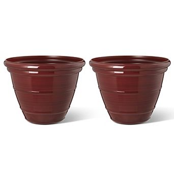 Glitzhome Set of 2 Round Faux Ceramic Pot Plastic Planter, 15.5"D