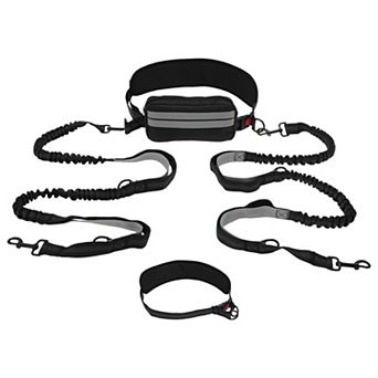 Retractable Bungee with Double Padded Handles Waist Leash for Dog Walkings Running Black 1 Set
