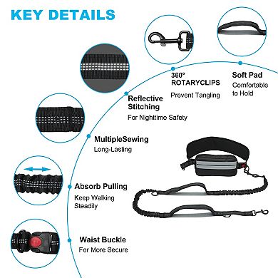 Retractable Bungee with Double Padded Handles Waist Leash for Dog Walkings Running Black 1 Set