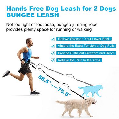 Retractable Bungee with Double Padded Handles Waist Leash for Dog Walkings Running Black 1 Set