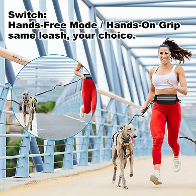 Retractable Bungee with Double Padded Handles Waist Leash for Dog Walkings Running Black 1 Set