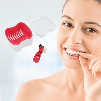 Denture Bath Case Cup with Denture Cleaner Brush Set for Travel and Home Use