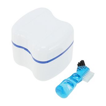 Denture Bath Case Cup with Denture Cleaner Brush Set for Travel and Home Use