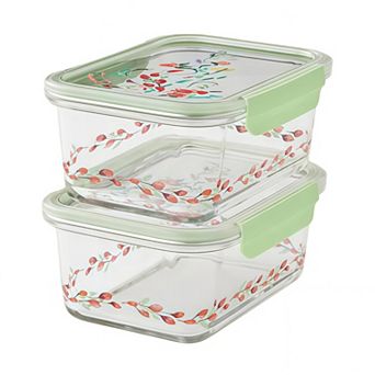 2 Pack 4 cup Rectangle Glass Food Storage Containers with Sage Green Tritan Lids & Floral Design