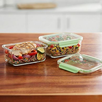 2 Pack 4 Cup Rectangle Glass Food Storage Containers with Sage Green Tritan Lids & Floral Design