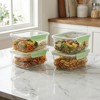 2 Pack 4 Cup Rectangle Glass Food Storage Containers with Sage Green Tritan Lids & Floral Design