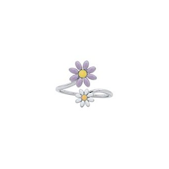 PRIMROSE Fine Silver Plated Enamel Double Daisy Flower Bypass Ring