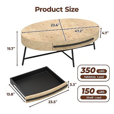 Oval Coffee Table with Drawer Mid-Century Modern Center Table 47.2" Wooden Coffee Table w/Storage