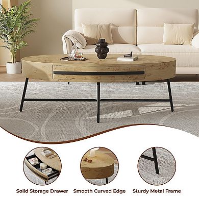 Oval Coffee Table with Drawer Mid-Century Modern Center Table 47.2" Wooden Coffee Table w/Storage