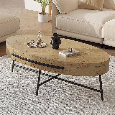 Oval Coffee Table with Drawer Mid-Century Modern Center Table 47.2" Wooden Coffee Table w/Storage