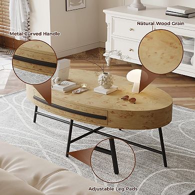 Oval Coffee Table with Drawer Mid-Century Modern Center Table 47.2" Wooden Coffee Table w/Storage