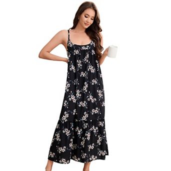 Women Floral Strap Pajama Dress Casual Sleeveless Long Nightdress