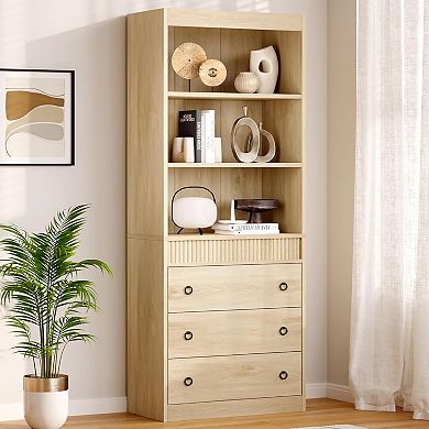Bookshelf with Drawers Fluted Bookcase,6 Tier Light Wood Tall Bookshelf Bookcase with Storage
