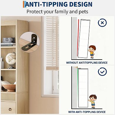 Bookshelf with Drawers Fluted Bookcase,6 Tier Light Wood Tall Bookshelf Bookcase with Storage