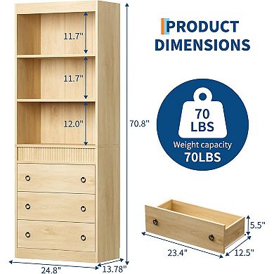 Bookshelf with Drawers Fluted Bookcase,6 Tier Light Wood Tall Bookshelf Bookcase with Storage
