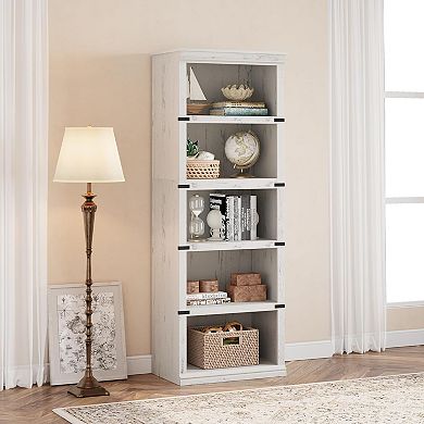 5 Tier Tall Bookcase, Farmhouse Wooden Book Shelf with Storage Open Display Bookshelves