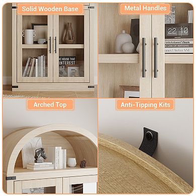 Arched Display Cabinet, 5-Tier Bookshelf Modern Farmhouse Arched Bookcase Display Storage Shelves