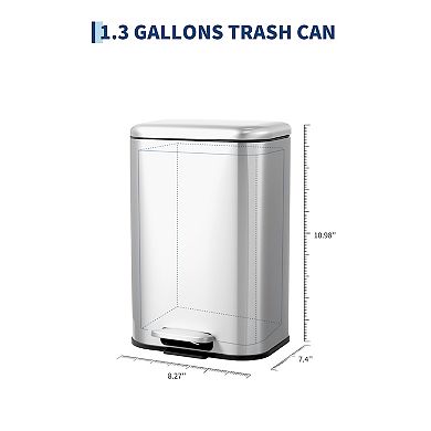 1.3gal Kitchen Trash Can,Stainless Steel Step Garbage Can with Soft-Close Lid,Removable Inner Bucket