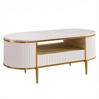 Oval Shaped Fluted Coffee Table, Modern Luxury Coffee Table with Storage, Faux Marble Top