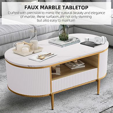 Oval Shaped Fluted Coffee Table, Modern Luxury Coffee Table with Storage, Faux Marble Top