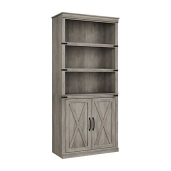 5 tier Book case with Cabinet, Farmhouse Wooden 5 Shelf Book Shelf with Storage Doors