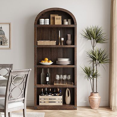 Bookcase 5 Shelf Arched Bookshelf Tall Bookcase Farmhouse Display Storage Rack Wooden Bookshelves
