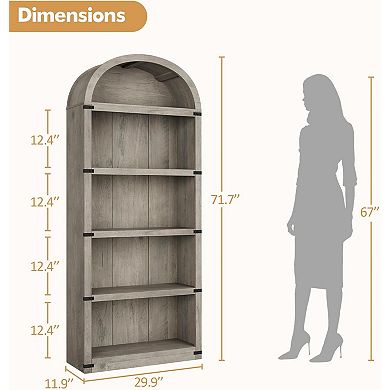 Bookcase 5 Shelf Arched Bookshelf Tall Bookcase Farmhouse Display Storage Rack Wooden Bookshelves
