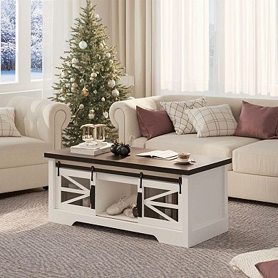 Rustic Lift-Top Coffee Table - 47.2" with Sliding Barn Doors & Hidden Storage Compartment