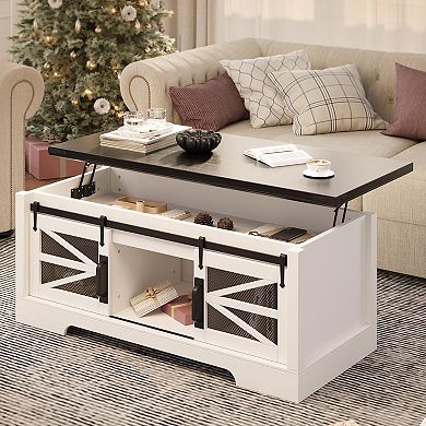 Rustic Lift-Top Coffee Table - 47.2" with Sliding Barn Doors & Hidden Storage Compartment