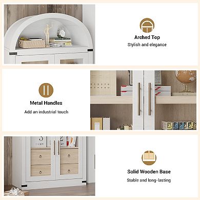 Arched Bookshelf with Doors and Drawers Farmhouse Bookcase Display Storage Shelves Cabinet