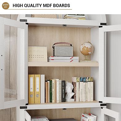 Arched Bookshelf with Doors and Drawers Farmhouse Bookcase Display Storage Shelves Cabinet