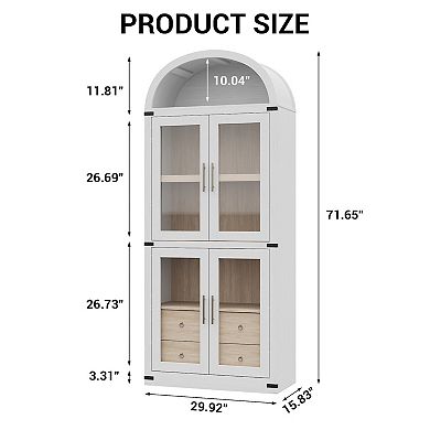 Arched Bookshelf with Doors and Drawers Farmhouse Bookcase Display Storage Shelves Cabinet